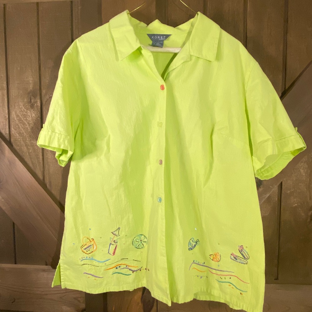 Koret Woman Shirt Womens 18W Lime Green Excellent Beach Tropical Embroidered Top
